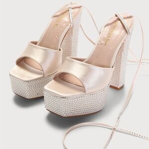 Lulus Chantry Light Nude Rhinestone Lace-Up Platform High Heel Sandals Size 9
